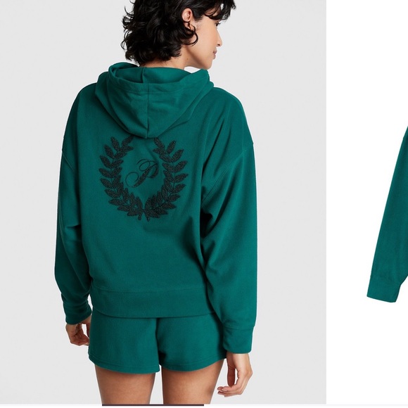 PINK by VS polar fleece short and hoodie pajama set green logo on back sz lg - Picture 10 of 12